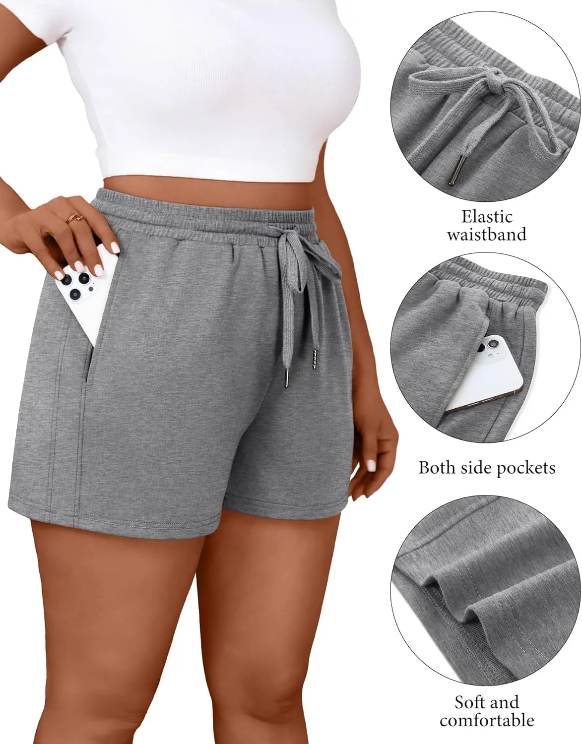3 Pack Women's Plus Size Sweat Shorts Drawstring Elastic Waist Athletic Lounge Shorts with Pocket