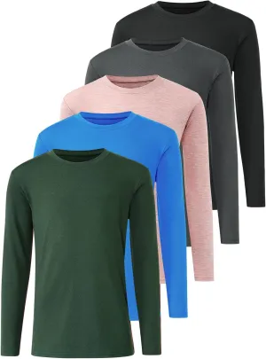 5-Pack Youth Boys Long Sleeve Shirts Dry Fit Athletic T-Shirt Moisture Wicking Performance Activewear Tops Tees