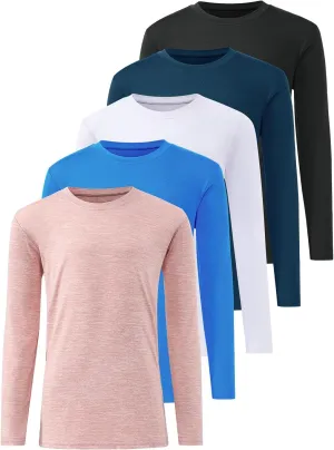 5-Pack Youth Boys Long Sleeve Shirts Dry Fit Athletic T-Shirt Moisture Wicking Performance Activewear Tops Tees