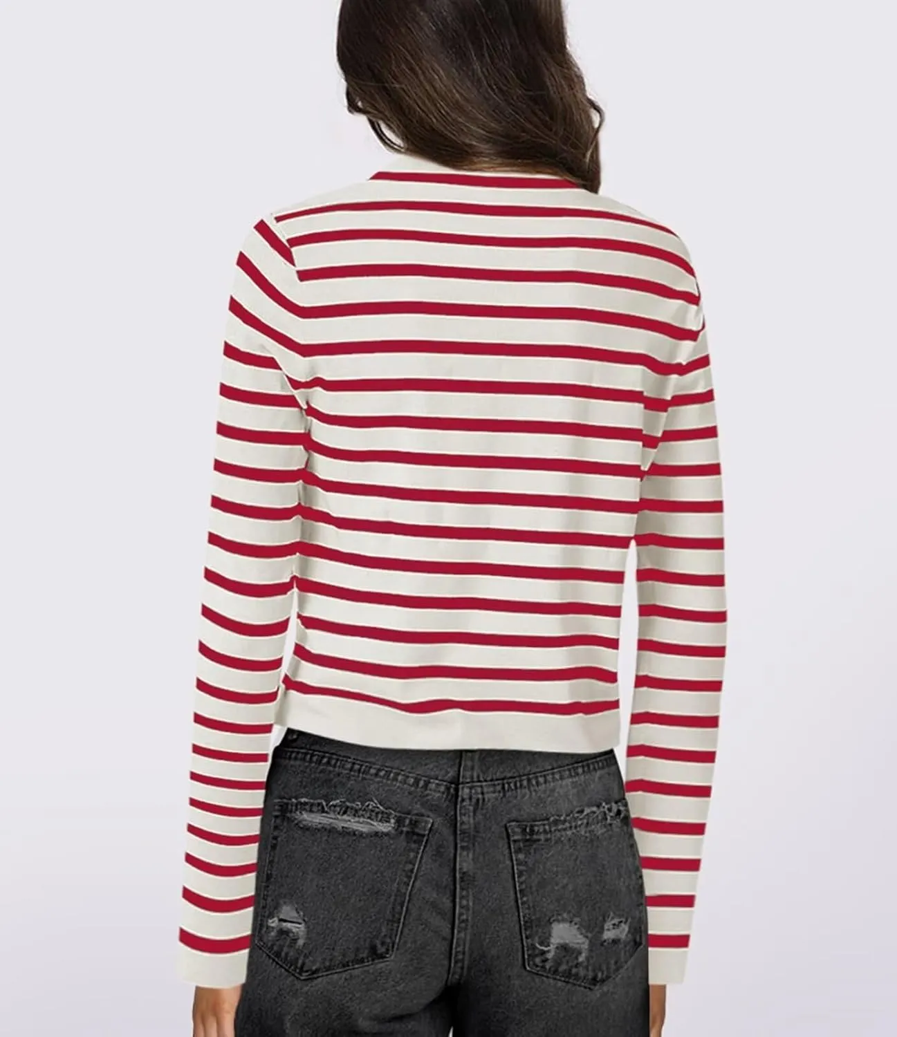 Ahtyeo Women's Striped Cardigan Sweaters Long Sleeve Button Down Cropped Knit Lady Jacket Fall Outfits with Pockets