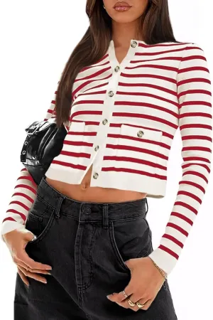 Ahtyeo Women's Striped Cardigan Sweaters Long Sleeve Button Down Cropped Knit Lady Jacket Fall Outfits with Pockets