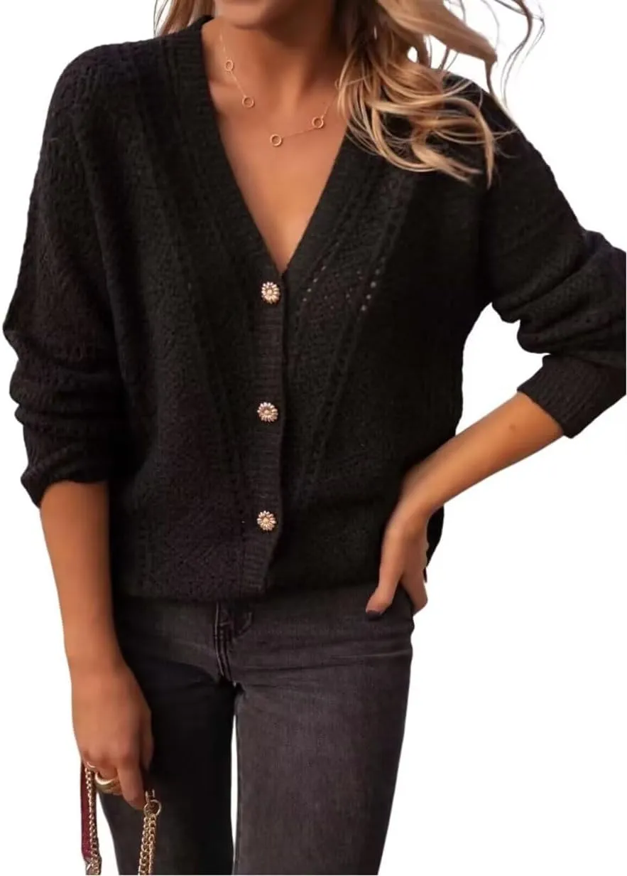 AIMITAG Cropped Cardigan Sweaters for Women Fall Long Sleeve Crochet Knit Shrug Open Front V-Neck Button up Tops