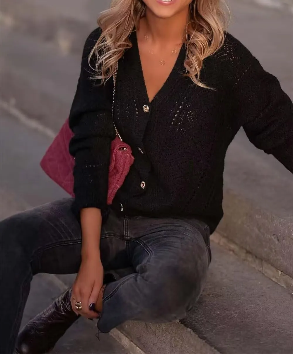 AIMITAG Cropped Cardigan Sweaters for Women Fall Long Sleeve Crochet Knit Shrug Open Front V-Neck Button up Tops