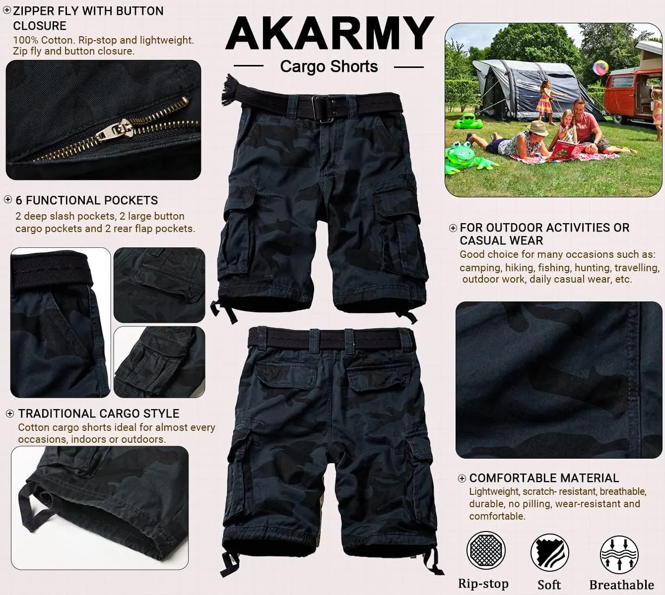 AKARMY Men's Camo Cargo Shorts Outdoor Multi-Pocket Cotton Casual Shorts with No Belt