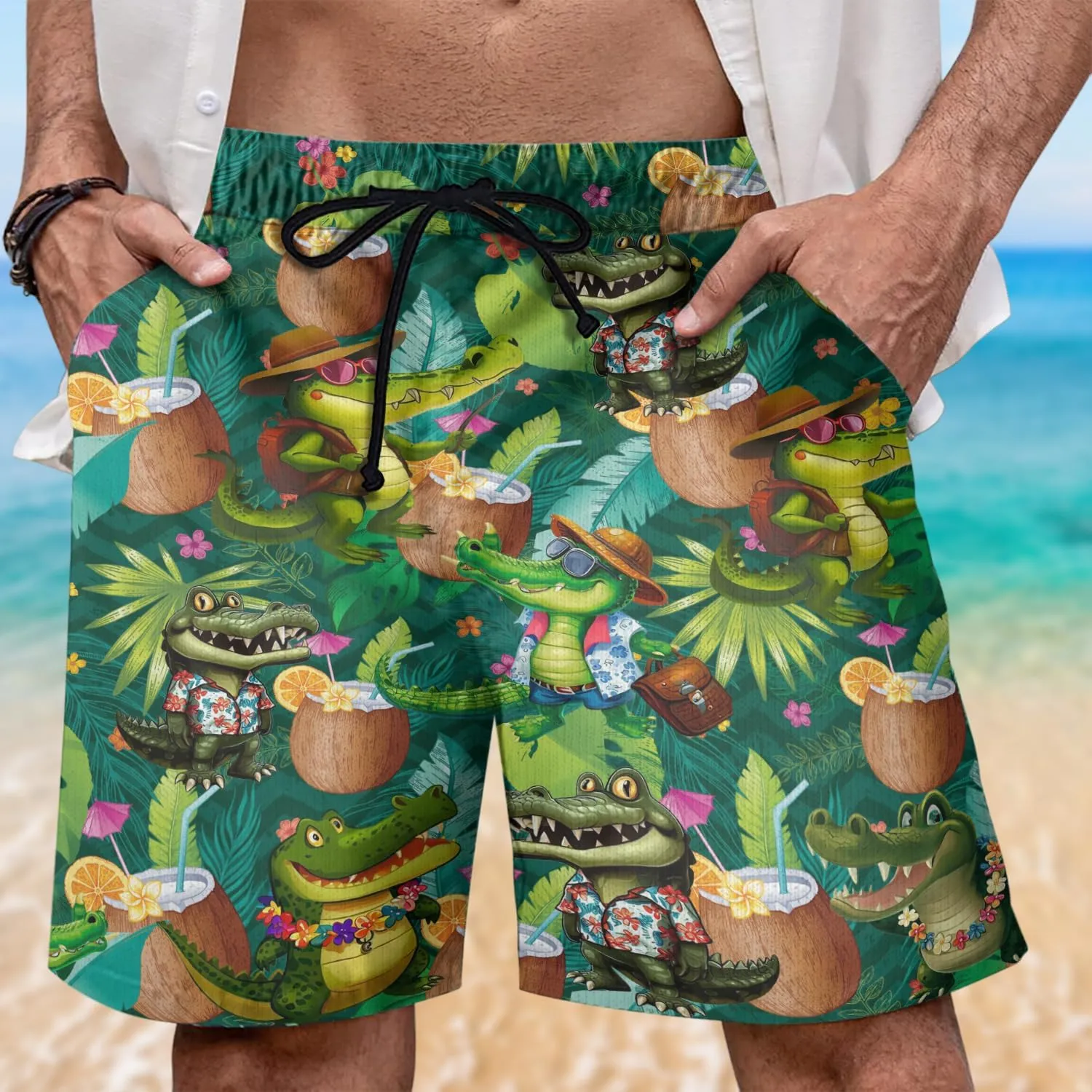 Alligator Mens Swim Trunks - Reptile Hawaiian Mens Shorts Casual - Summer Drawstring Beachwear Shorts PA59