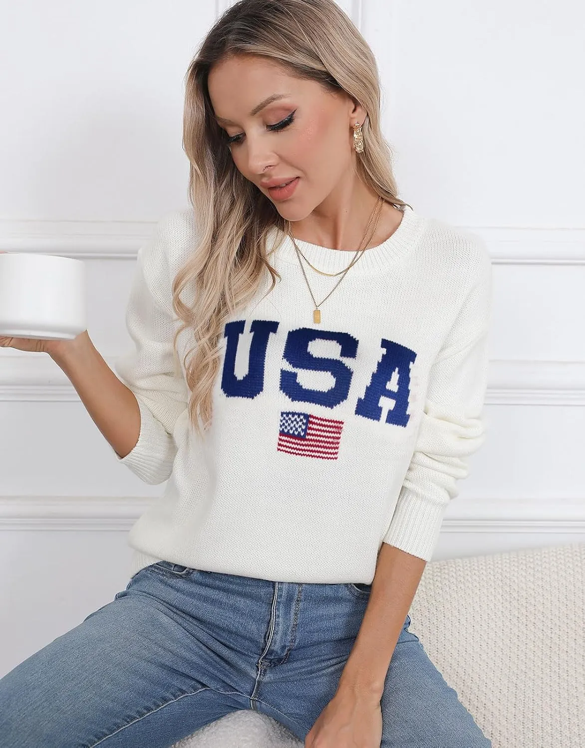 Alsol Lamesa Womens American Flag Graphic Sweater Patriotic Long Sleeve Pullover Sweaters Crew Neck Knit Tops