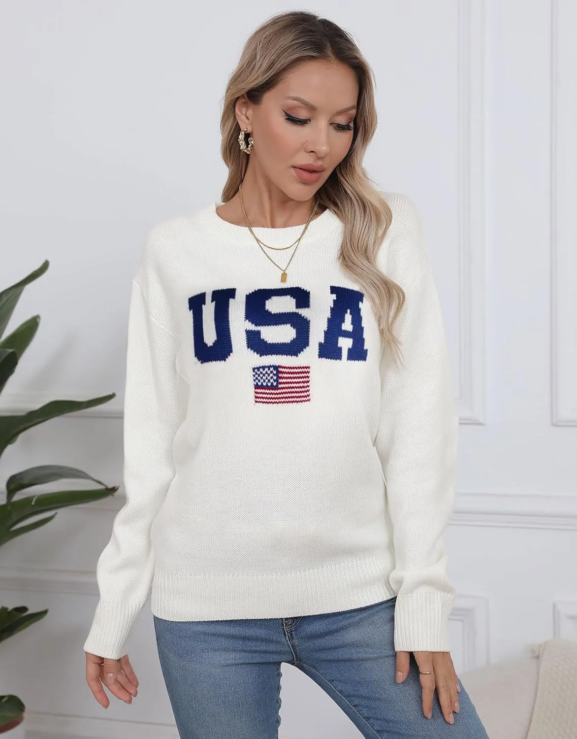 Alsol Lamesa Womens American Flag Graphic Sweater Patriotic Long Sleeve Pullover Sweaters Crew Neck Knit Tops