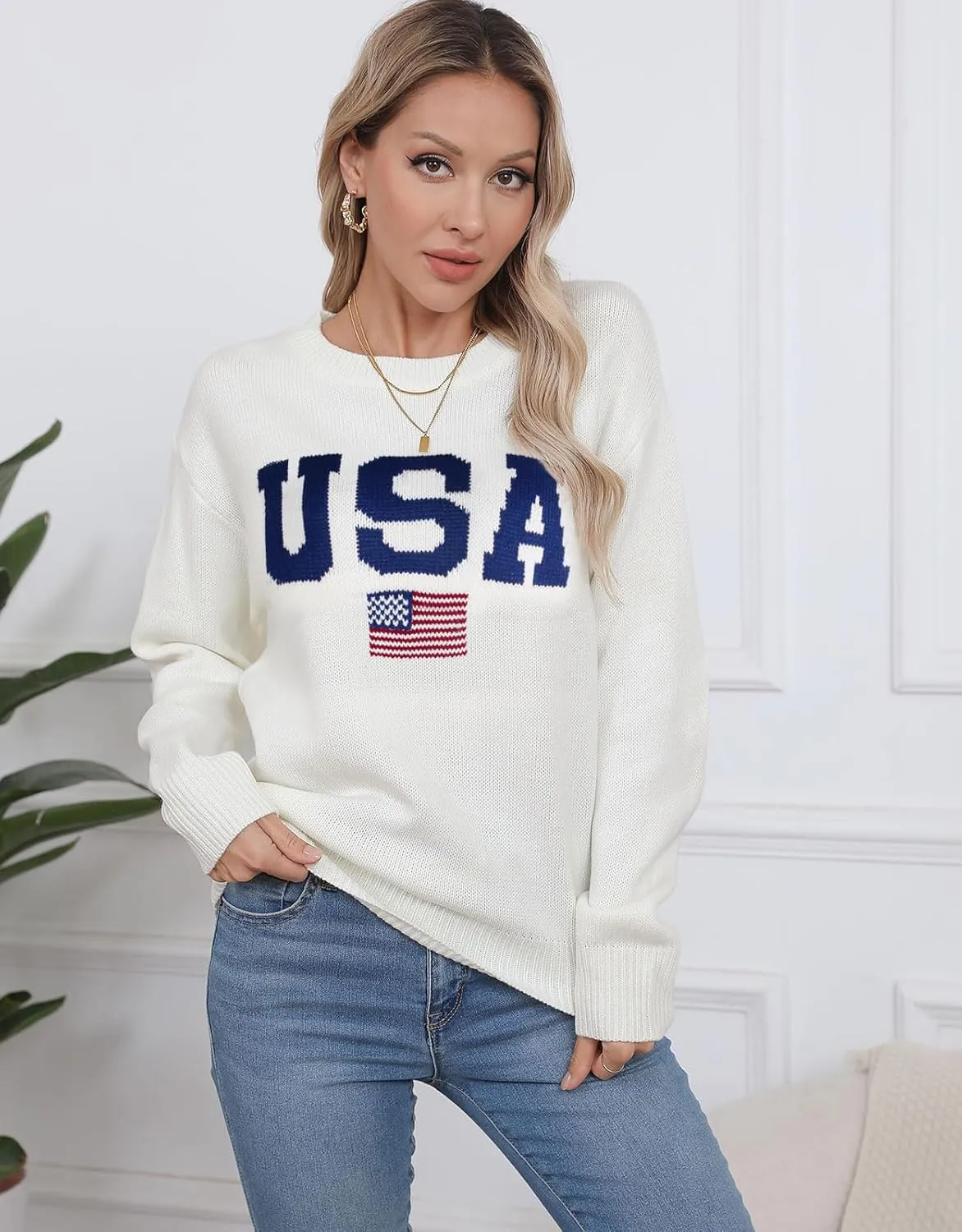 Alsol Lamesa Womens American Flag Graphic Sweater Patriotic Long Sleeve Pullover Sweaters Crew Neck Knit Tops