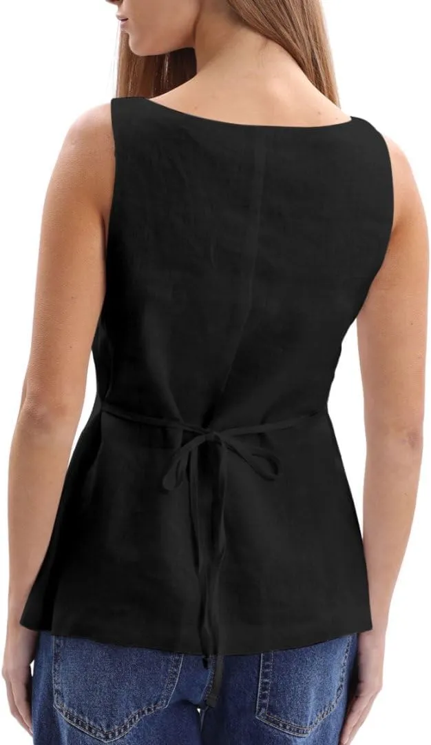 Amazhiyu Women's 100% Linen Square Neck Vest Tops Button Up Sleeveless Waistcoat