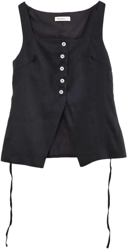 Amazhiyu Women's 100% Linen Square Neck Vest Tops Button Up Sleeveless Waistcoat