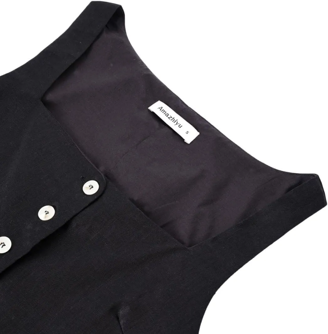 Amazhiyu Women's 100% Linen Square Neck Vest Tops Button Up Sleeveless Waistcoat