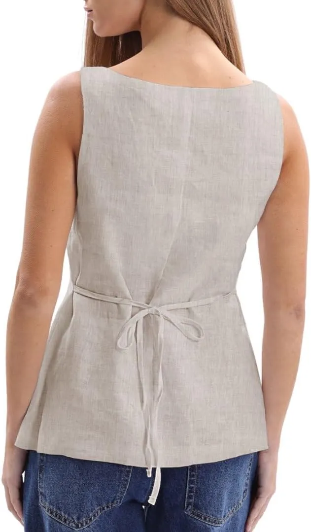 Amazhiyu Women's 100% Linen Square Neck Vest Tops Button Up Sleeveless Waistcoat