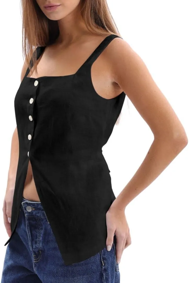 Amazhiyu Women's 100% Linen Square Neck Vest Tops Button Up Sleeveless Waistcoat