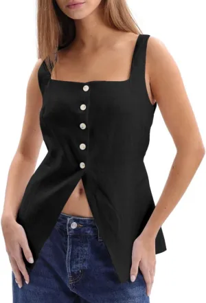 Amazhiyu Women's 100% Linen Square Neck Vest Tops Button Up Sleeveless Waistcoat