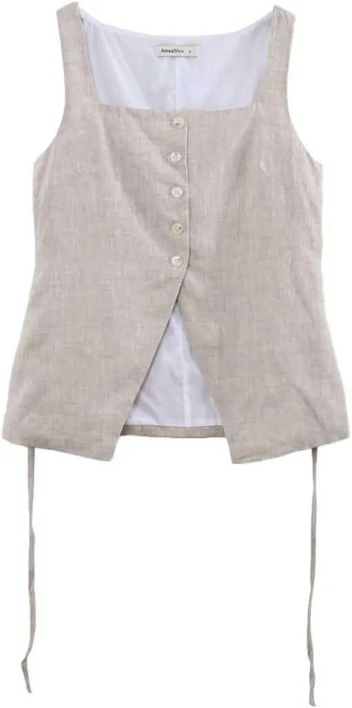 Amazhiyu Women's 100% Linen Square Neck Vest Tops Button Up Sleeveless Waistcoat