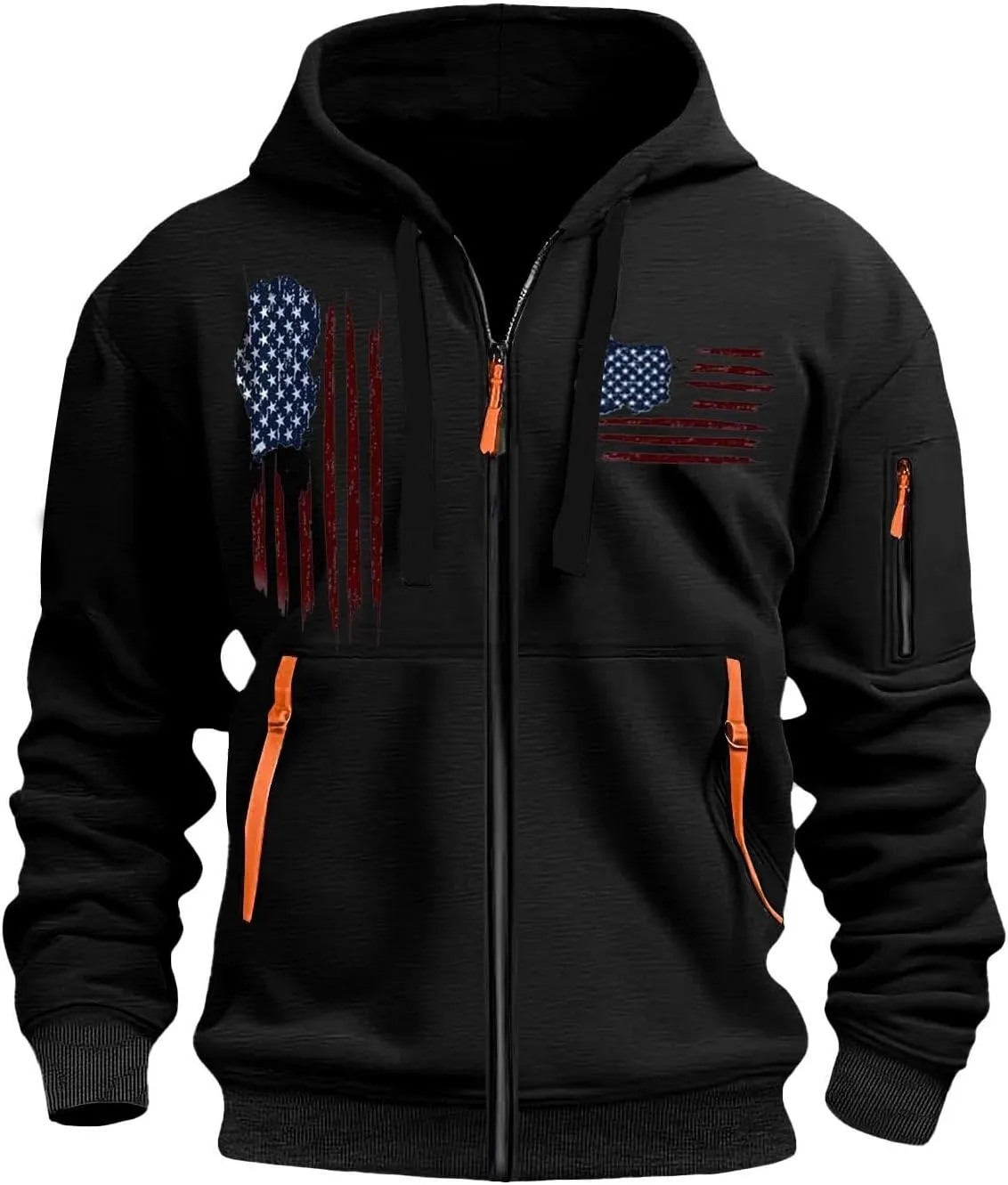 American Flag Hoodie Hoodies for Men Loose Print Zipper Long Sleeved Hoodie Loose Fit Heavyweight American Flag