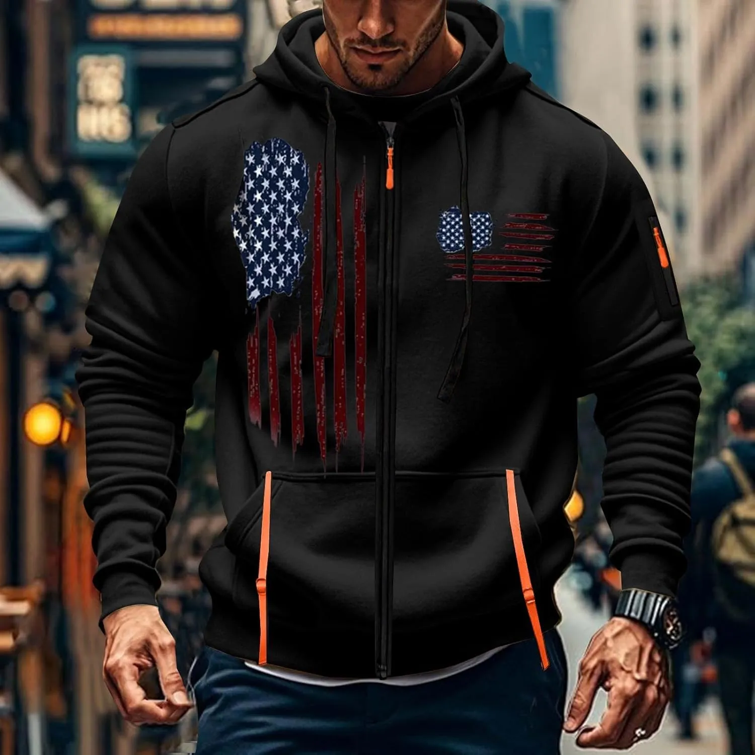 American Flag Hoodie Hoodies for Men Loose Print Zipper Long Sleeved Hoodie Loose Fit Heavyweight American Flag