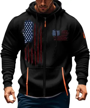 American Flag Hoodie Hoodies for Men Loose Print Zipper Long Sleeved Hoodie Loose Fit Heavyweight American Flag