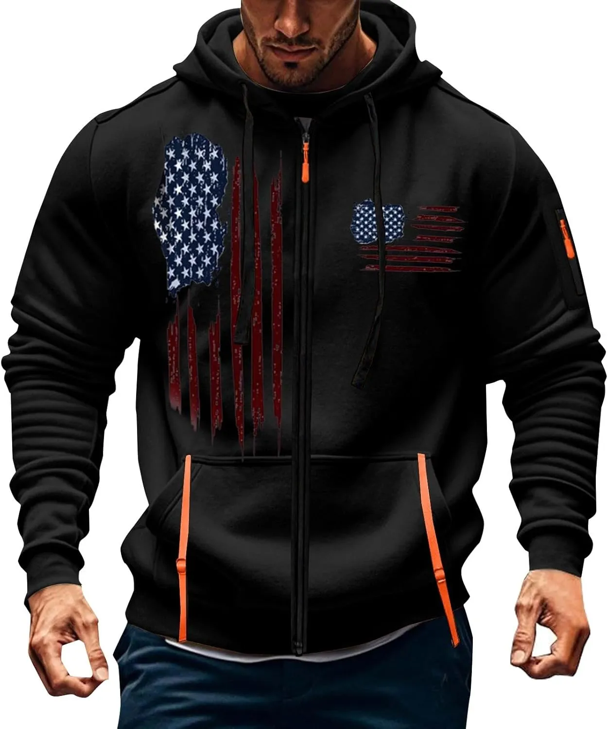 American Flag Hoodie Hoodies for Men Loose Print Zipper Long Sleeved Hoodie Loose Fit Heavyweight American Flag