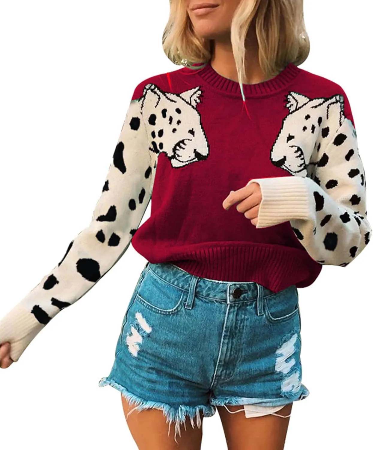 Angashion Women's Sweaters Casual Floral Printed Patchwork Long Sleeves Knitted Pullover Cropped Sweater Tops