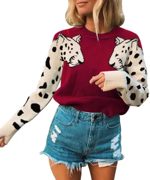 Angashion Women's Sweaters Casual Floral Printed Patchwork Long Sleeves Knitted Pullover Cropped Sweater Tops