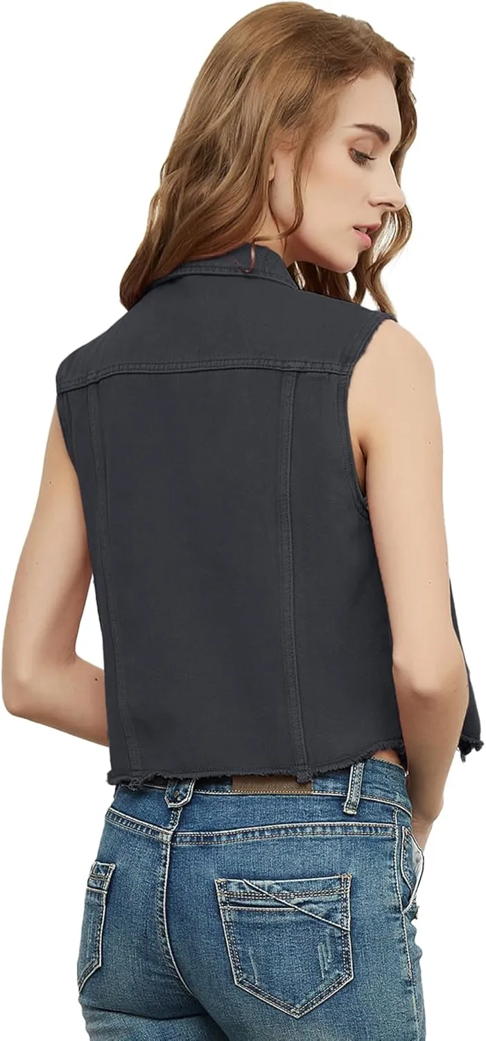 Anna-Kaci Women's Cropped Denim Vest Sleeveless Cotton Rivet Fitted Jean Vest Jacket