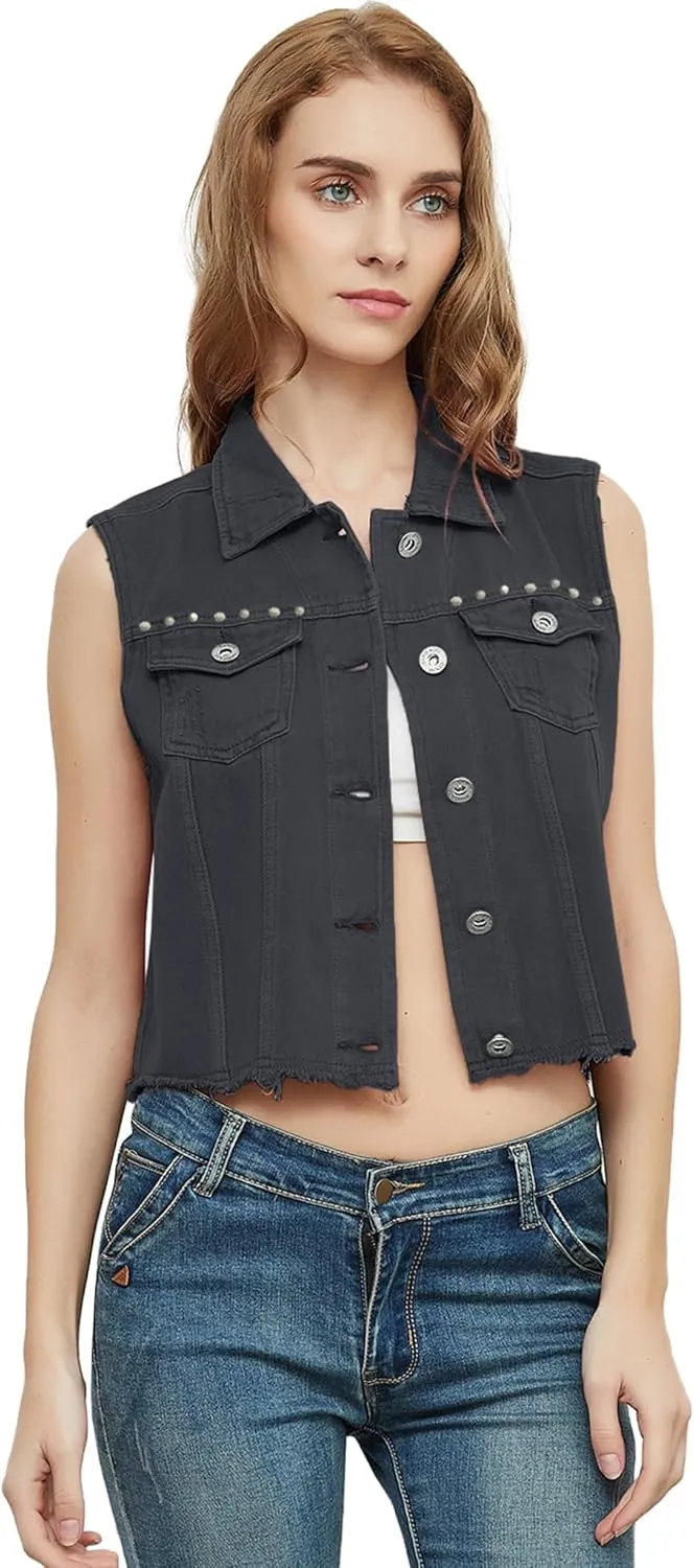 Anna-Kaci Women's Cropped Denim Vest Sleeveless Cotton Rivet Fitted Jean Vest Jacket