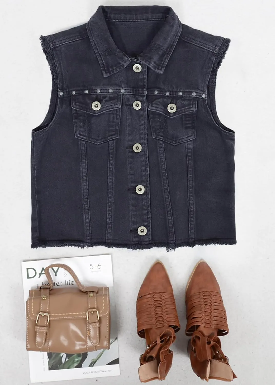 Anna-Kaci Women's Cropped Denim Vest Sleeveless Cotton Rivet Fitted Jean Vest Jacket