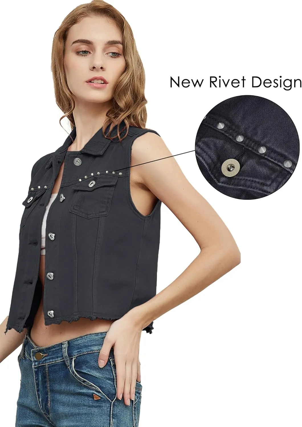 Anna-Kaci Women's Cropped Denim Vest Sleeveless Cotton Rivet Fitted Jean Vest Jacket