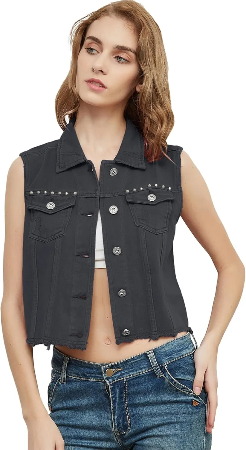 Anna-Kaci Women's Cropped Denim Vest Sleeveless Cotton Rivet Fitted Jean Vest Jacket