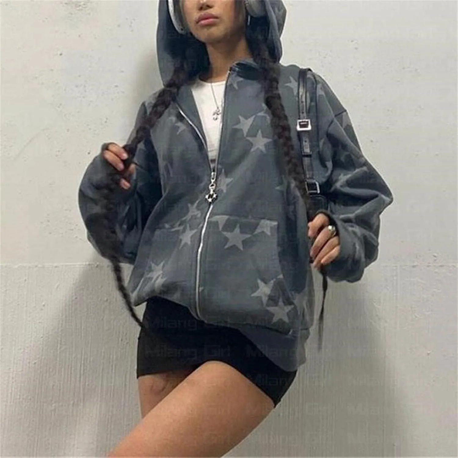 Aopwsrlyi Women's Zip Up Hoodie Y2k Vintage Graphic Oversized Hooded Sweatshirt Punk Jackets Goth Harajuku Streetwear