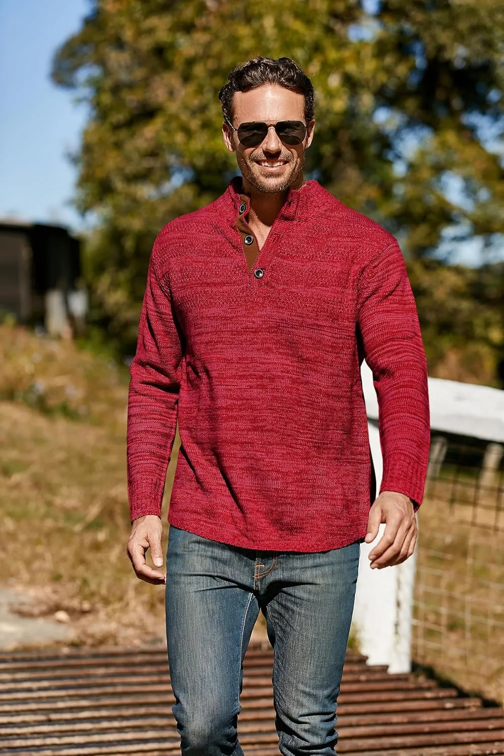 Aoysky Men's Stand Collar Sweater Thermal Button Pullover Sweater Tops Henley Knit Sweaters
