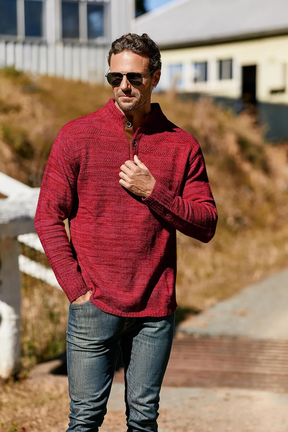 Aoysky Men's Stand Collar Sweater Thermal Button Pullover Sweater Tops Henley Knit Sweaters