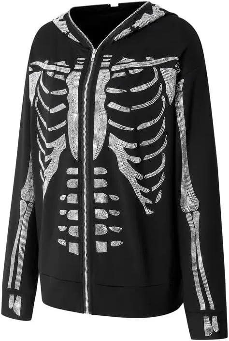 Argeousgor Women Men Rhinestone Hoodie Graphic Zip Up Oversized Skull Skeleton Hooded Sweatshirt Aesthetic Jacket Streetwear