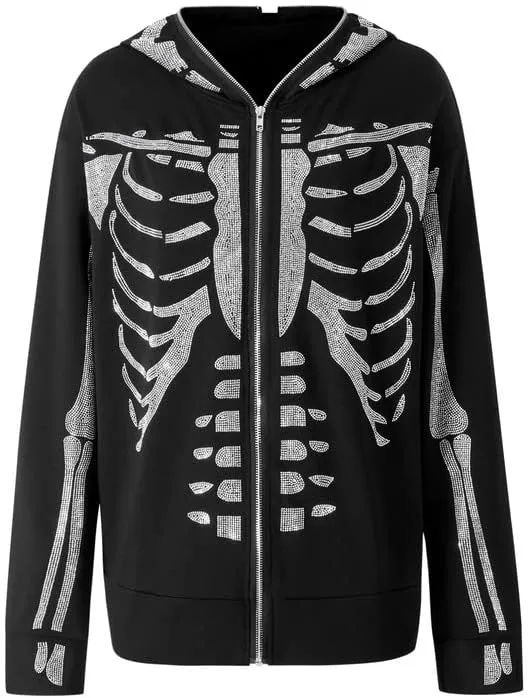 Argeousgor Women Men Rhinestone Hoodie Graphic Zip Up Oversized Skull Skeleton Hooded Sweatshirt Aesthetic Jacket Streetwear