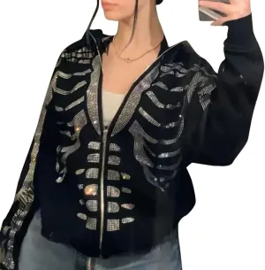 Argeousgor Women Men Rhinestone Hoodie Graphic Zip Up Oversized Skull Skeleton Hooded Sweatshirt Aesthetic Jacket Streetwear