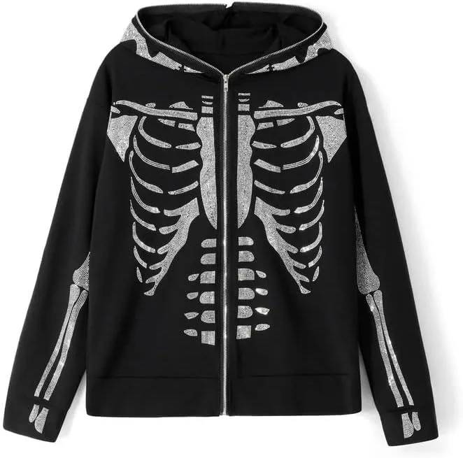 Argeousgor Women Men Rhinestone Hoodie Graphic Zip Up Oversized Skull Skeleton Hooded Sweatshirt Aesthetic Jacket Streetwear