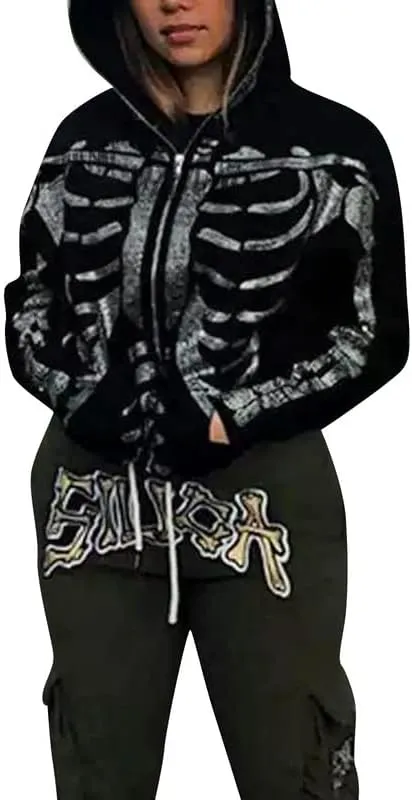 Argeousgor Women Men Rhinestone Hoodie Graphic Zip Up Oversized Skull Skeleton Hooded Sweatshirt Aesthetic Jacket Streetwear