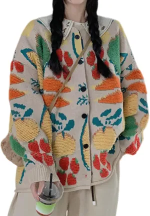 Arssm Womens Fruit Cardigan Sweaters Long Sleeve Crewneck Button Down Oversized Sweater Cute Knit Top 2024 Knitwear