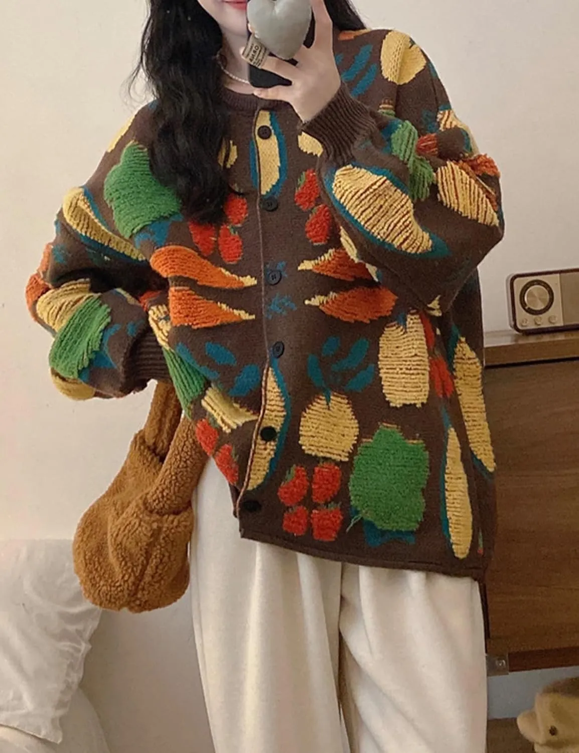 Arssm Womens Fruit Cardigan Sweaters Long Sleeve Crewneck Button Down Oversized Sweater Cute Knit Top 2024 Knitwear