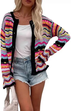 Autumn and Winter Rainbow Striped Sweater Loose Knit Sweater Women's Sweater Cardigan