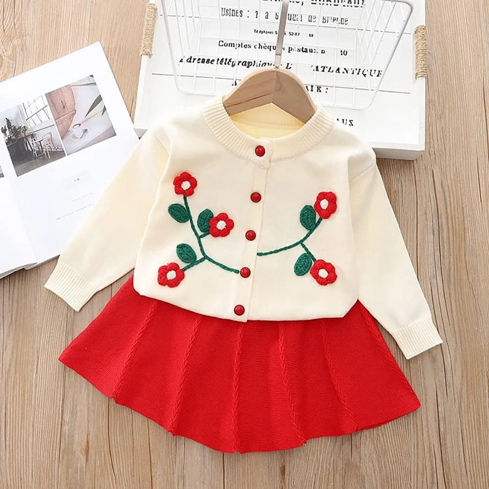 Baby Girls Knitted Sweater Dress Kids Floral Sweater Top   Ruffles Mini Skirt Outfits Fall Winter Clothes Set 2pcs