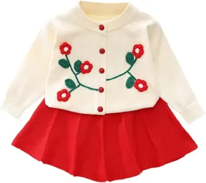 Baby Girls Knitted Sweater Dress Kids Floral Sweater Top   Ruffles Mini Skirt Outfits Fall Winter Clothes Set 2pcs