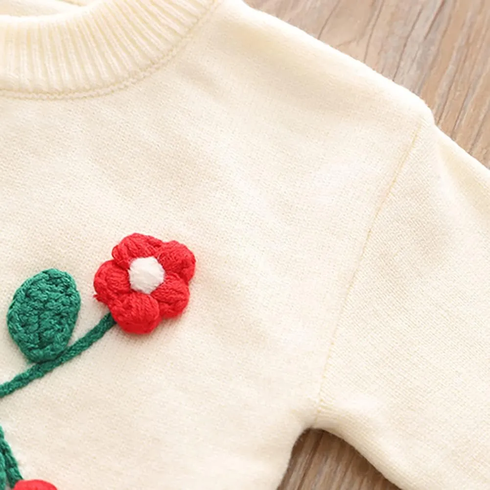 Baby Girls Knitted Sweater Dress Kids Floral Sweater Top   Ruffles Mini Skirt Outfits Fall Winter Clothes Set 2pcs