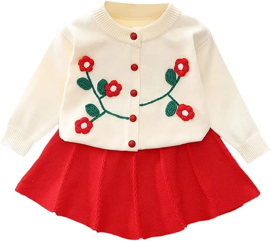 Baby Girls Knitted Sweater Dress Kids Floral Sweater Top   Ruffles Mini Skirt Outfits Fall Winter Clothes Set 2pcs