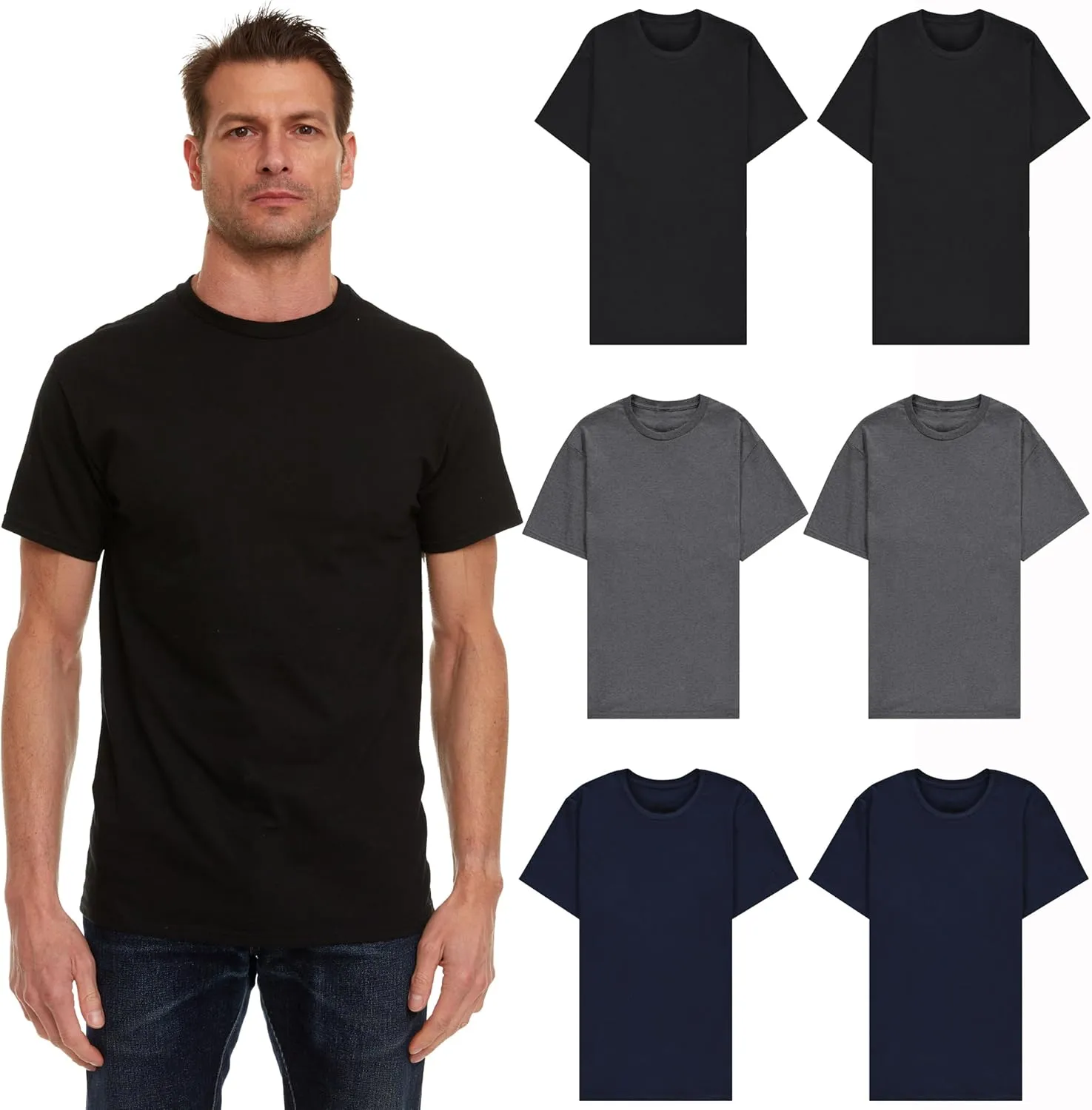 BILLIONHATS 6 Pack Men's Solid Colors Cotton T-Shirts Short Sleeve Lightweight Tees, Bulk