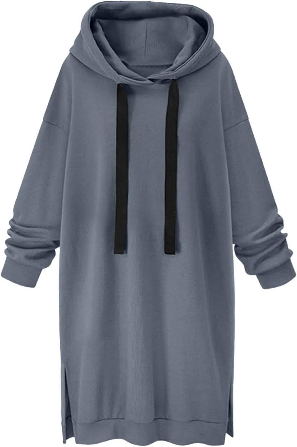 Black Hoodie Dress Women Longline Pullover Sweatshirt Drawstring Long Sleeve Relax Warm Daily Streetwear