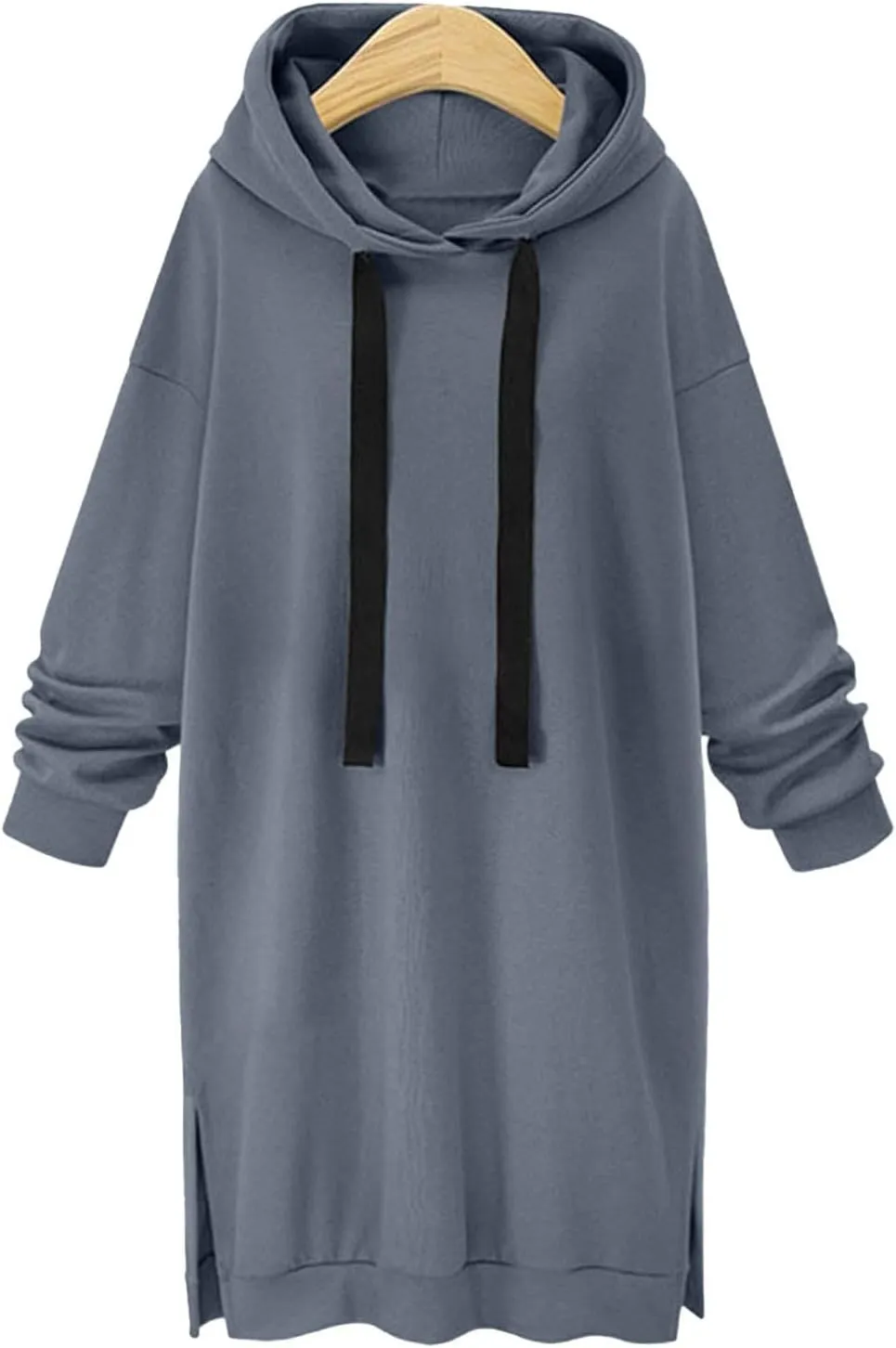 Black Hoodie Dress Women Longline Pullover Sweatshirt Drawstring Long Sleeve Relax Warm Daily Streetwear