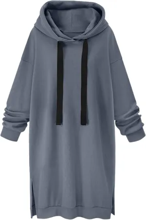 Black Hoodie Dress Women Longline Pullover Sweatshirt Drawstring Long Sleeve Relax Warm Daily Streetwear