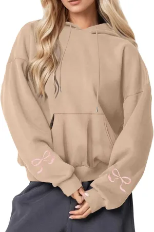 Black Oversized Hoodie Women Pink Ribbon Detail Fleece Lined Pullover Hooded Sweatshirt Drawstring Streetwear